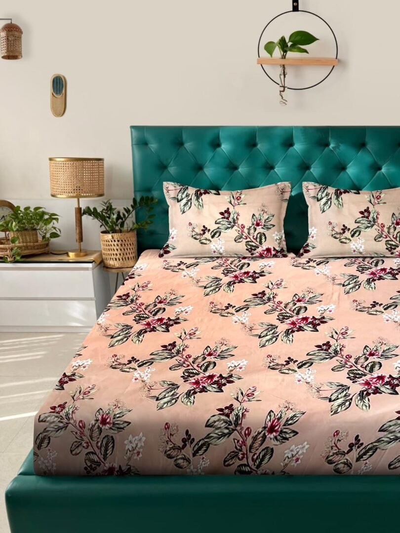 ACKROSS Queen bedsheet, Blossom Royale Collection, Super Soft Microfiber with Premium Fabric, 225 cm x 254 cm (Peach)