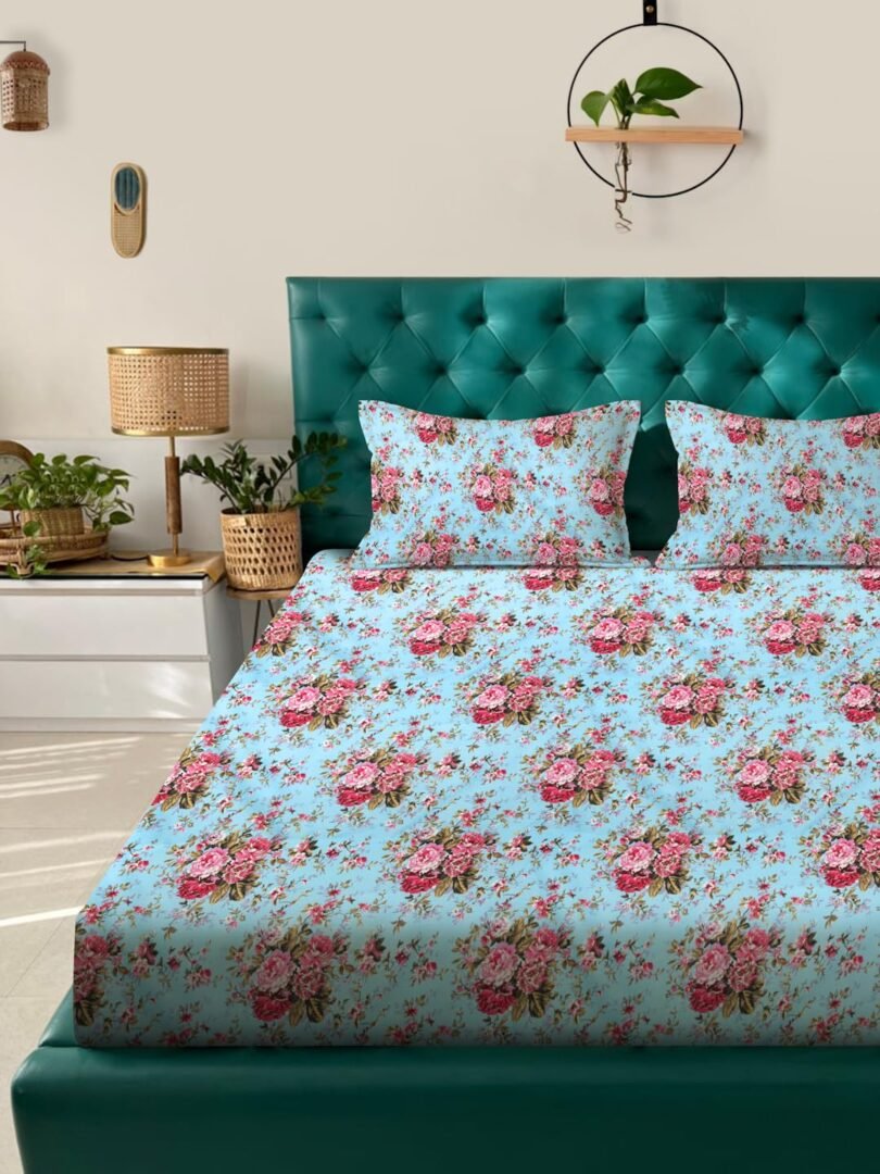 ACKROSS Queen bedsheet, Blossom Royale Collection, Super Soft Microfiber with Premium Fabric, 225 cm x 254 cm (Sky Blue)