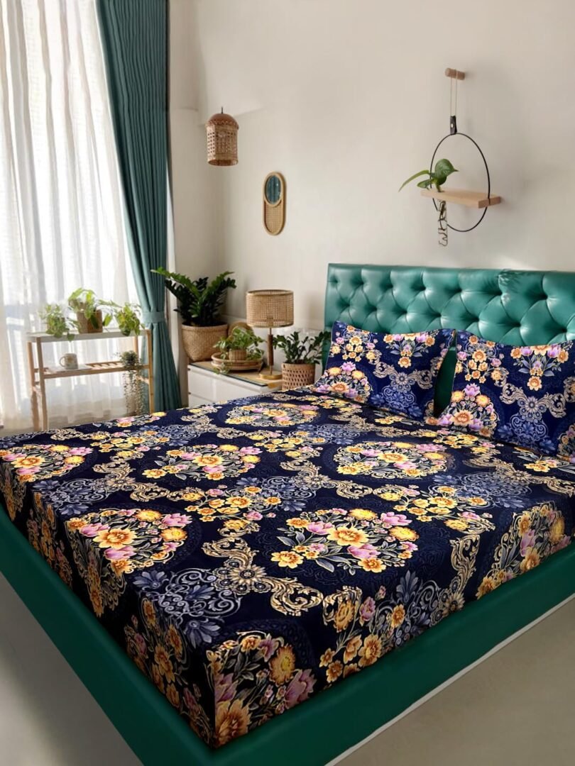ACKROSS Queen bedsheet, Blossom Royale Collection, Super Soft Microfiber with Premium Fabric, 225 cm x 254 cm (Blue)